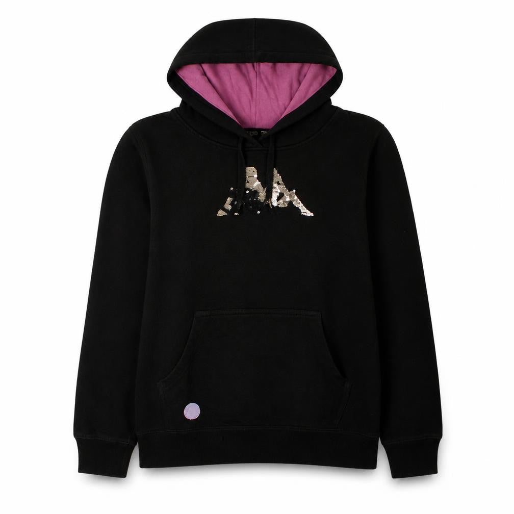 Front view of Kappa women’s black xl sequin logo pullover hoodie