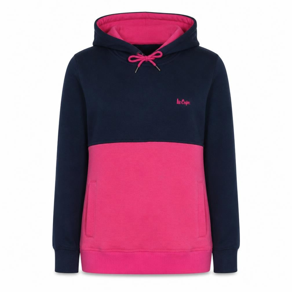 Front view of Lee Cooper Women Navy Pink Pullover Hoodie, size 16, Cotton Blend