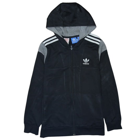 Adidas Boys Black Full Zip Hoodie 13-14 Years Grey Trim Hooded Sweatshirt