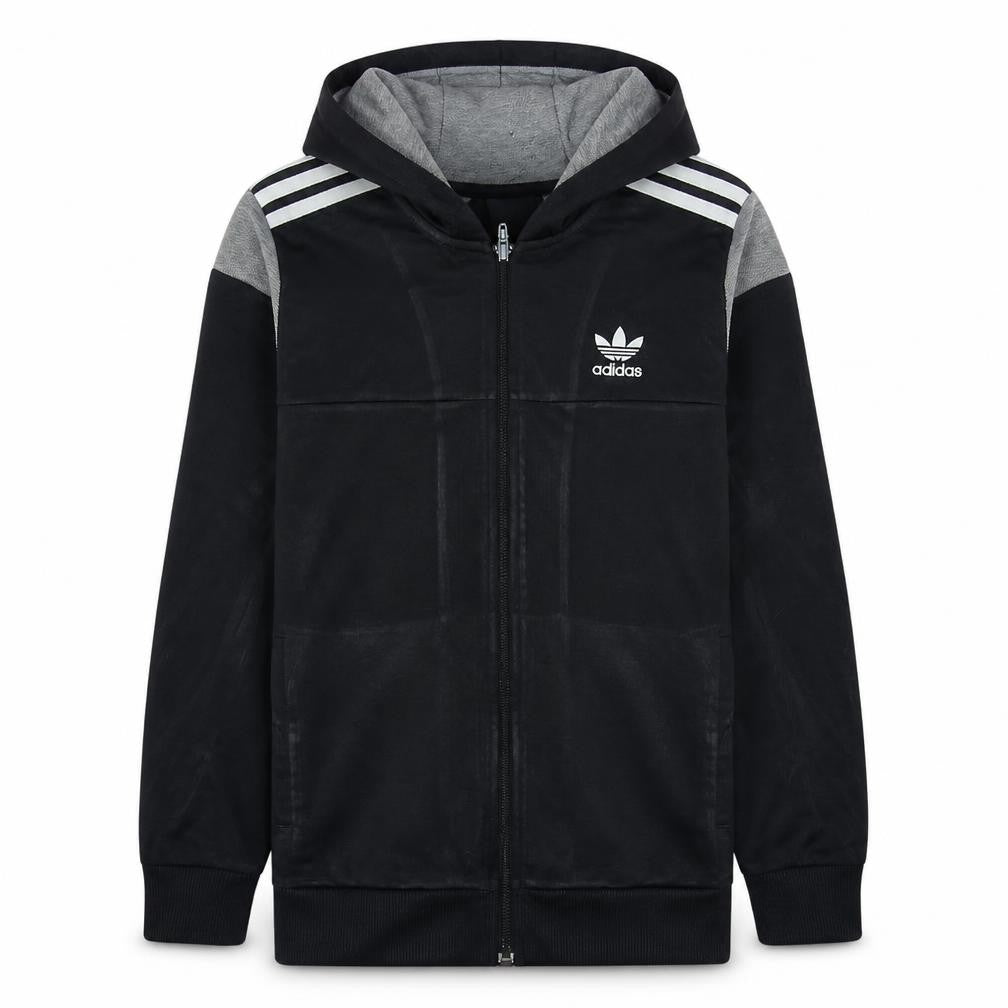 Adidas Boys Black Full Zip Hoodie 13-14 Years Grey Trim Hooded Sweatshirt