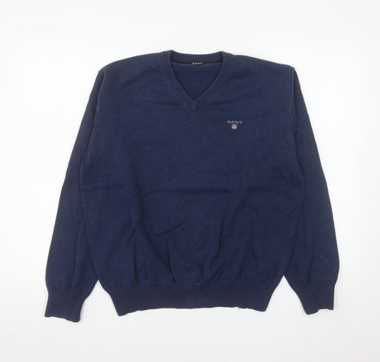 GANT Men's Blue Cotton V-Neck Pullover Jumper Size M