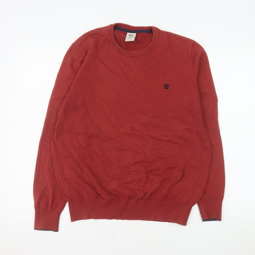 Timberland Men's Red Cotton Crew Neck Pullover Jumper M Regular Fit