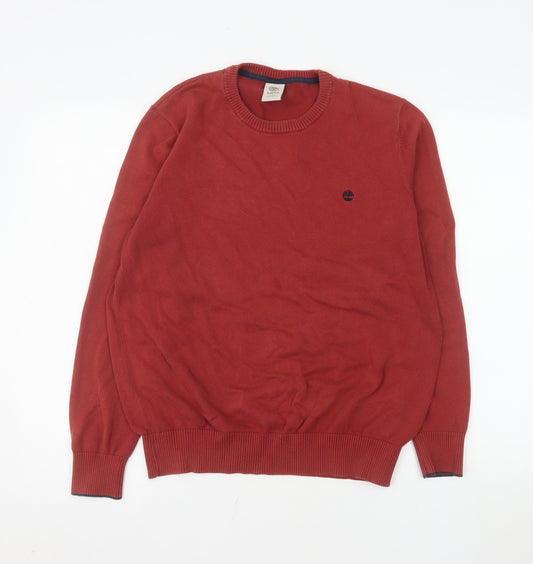 Timberland Men's Red Cotton Crew Neck Pullover Jumper M Regular Fit