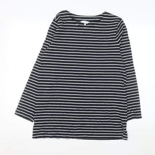 Cotton Traders Women Blue Striped Long Sleeve Boat Neck Cotton T-Shirt Size 14