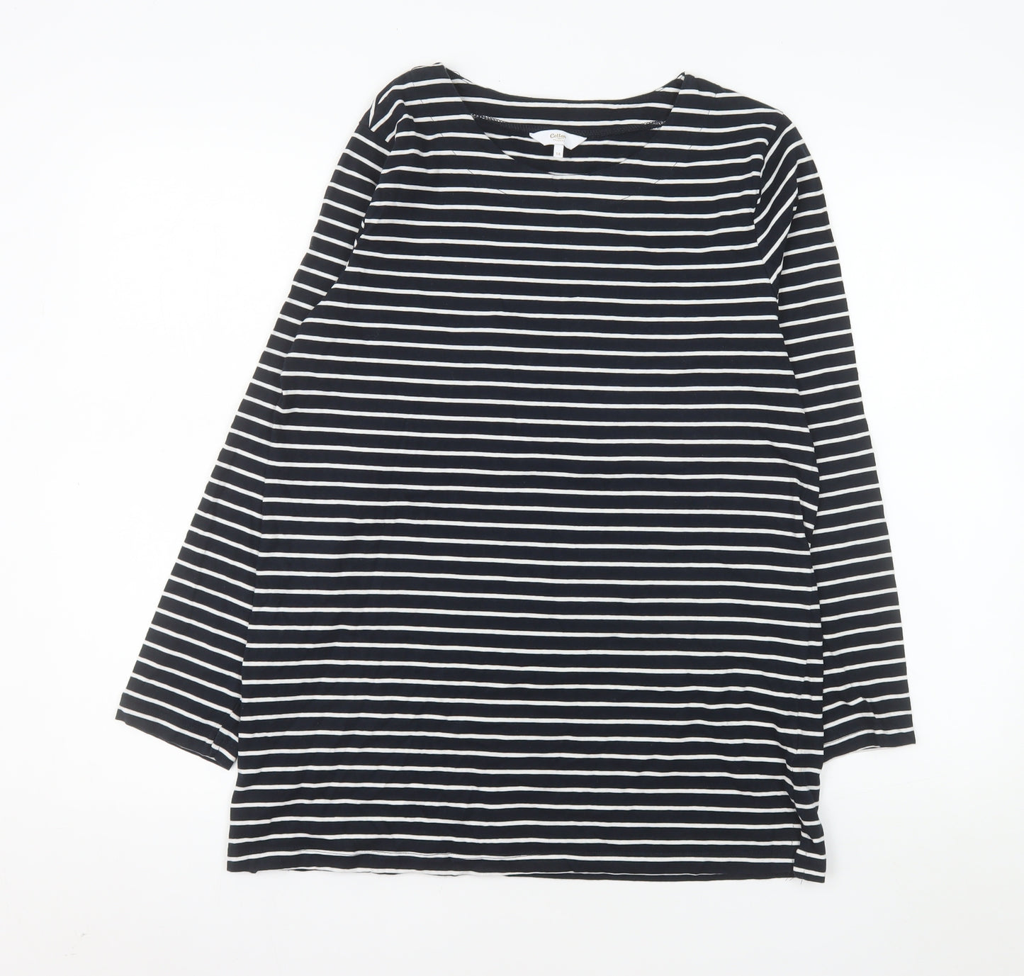 Cotton Traders Women Blue Striped Long Sleeve Boat Neck Cotton T-Shirt Size 14