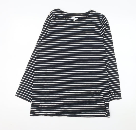 Cotton Traders Women Blue Striped Long Sleeve Boat Neck Cotton T-Shirt Size 14