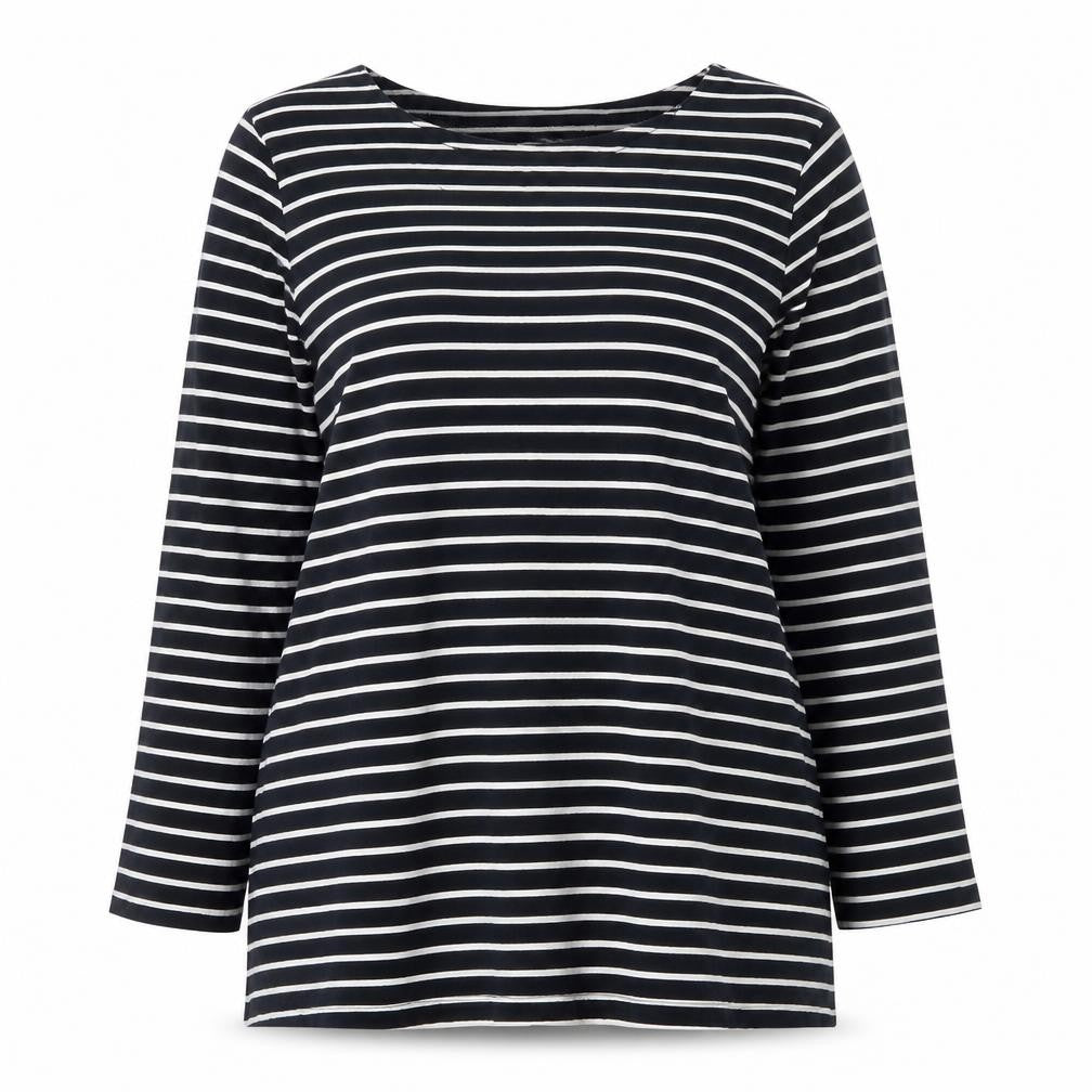 Cotton Traders Women Blue Striped Long Sleeve Boat Neck Cotton T-Shirt Size 14
