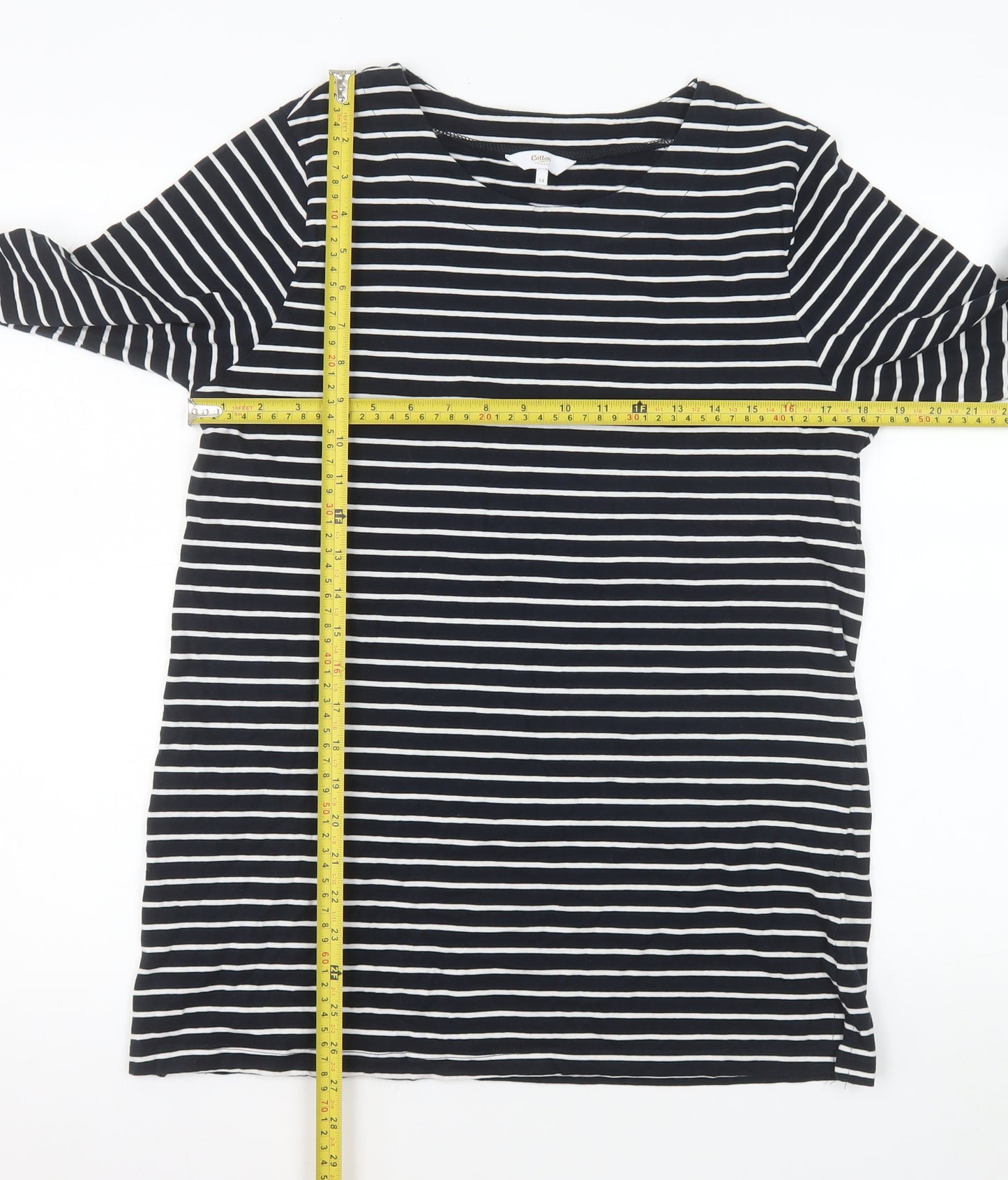 Cotton Traders Women Blue Striped Long Sleeve Boat Neck Cotton T-Shirt Size 14