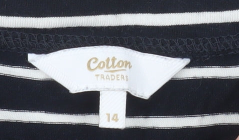 Cotton Traders Women Blue Striped Long Sleeve Boat Neck Cotton T-Shirt Size 14