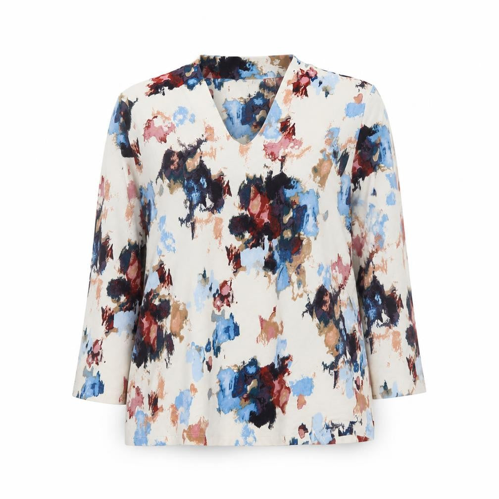 Front view of Eastex women’s multicoloured floral v-neck tunic blouse, size UK 12