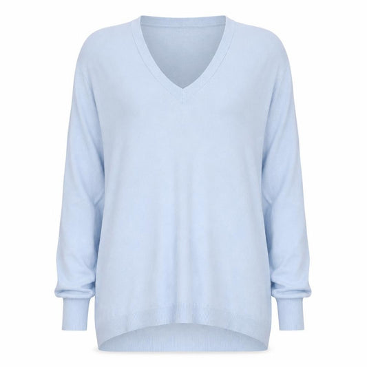 Front view of Roman women’s blue v-neck long sleeve jumper, size UK 10