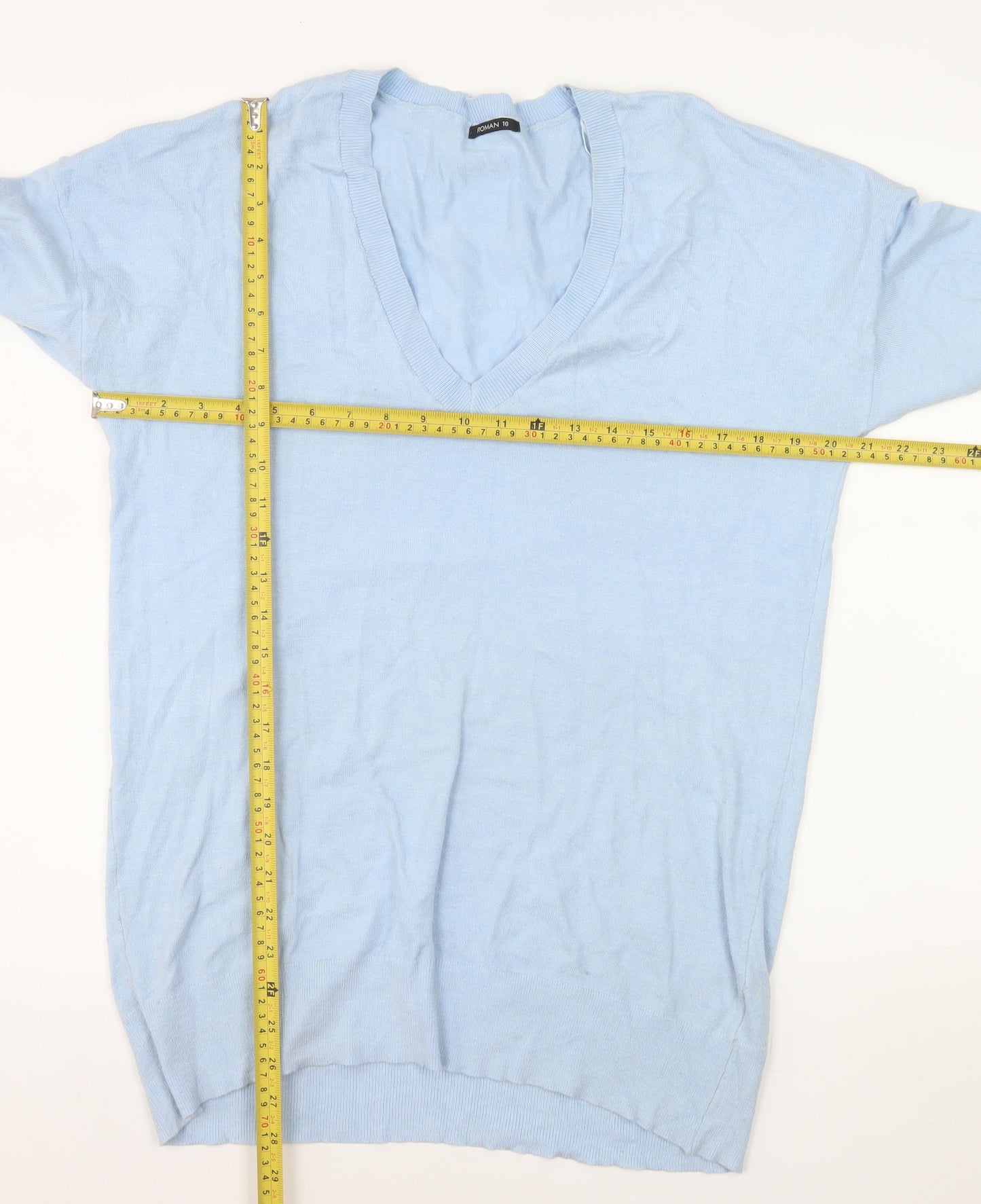 Roman Womens Blue V-Neck Long Sleeve Pullover Jumper Size 10