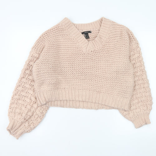 Forever 21 Women Beige Chunky-Knit V-Neck Jumper Size S