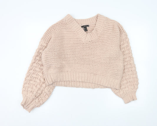 Forever 21 Women Beige Chunky-Knit V-Neck Jumper Size S