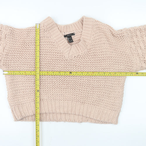 Forever 21 Women Beige Chunky-Knit V-Neck Jumper Size S