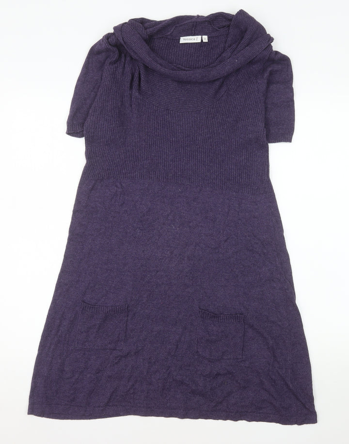 Yessica Women Purple Knit Cowl Neck Short Sleeve T-Shirt Dress M