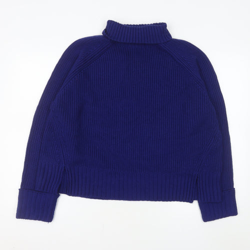Jaeger Women Blue Roll Neck Ribbed Jumper Medium 100% Merino Wool