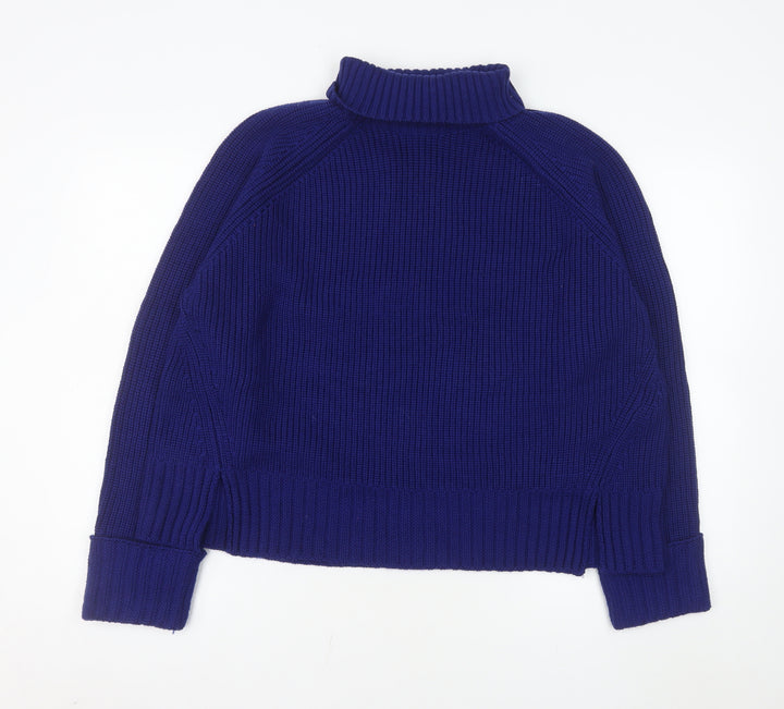 Jaeger Women Blue Roll Neck Ribbed Jumper Medium 100% Merino Wool