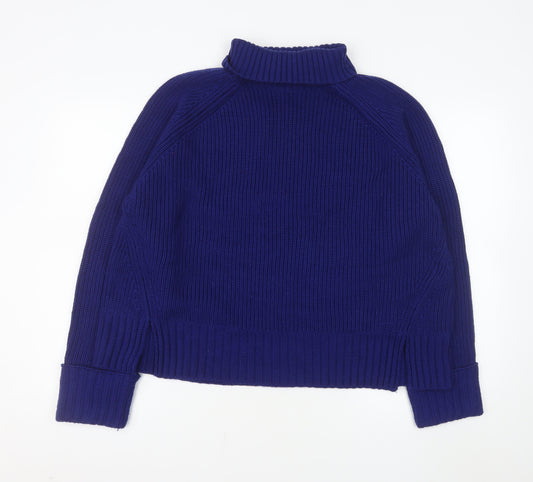 Jaeger Women Blue Roll Neck Ribbed Jumper Medium 100% Merino Wool