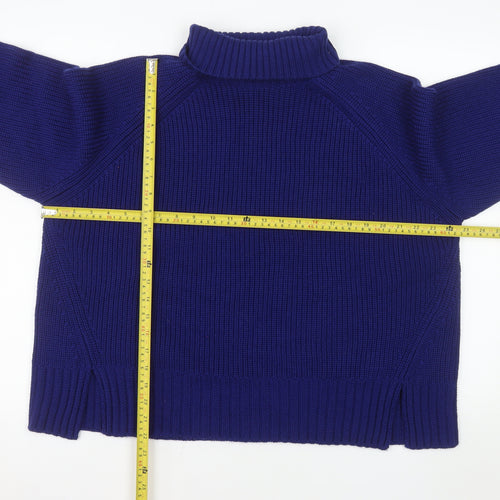 Jaeger Women Blue Roll Neck Ribbed Jumper Medium 100% Merino Wool