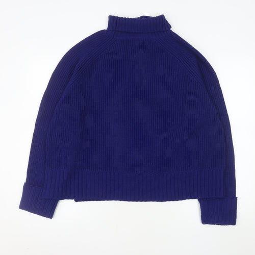 Jaeger Women Blue Roll Neck Ribbed Jumper Medium 100% Merino Wool