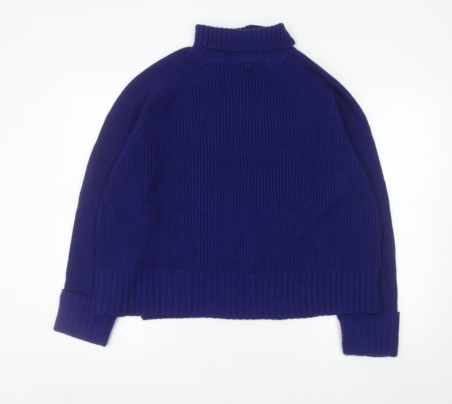 Jaeger Women Blue Roll Neck Ribbed Jumper Medium 100% Merino Wool