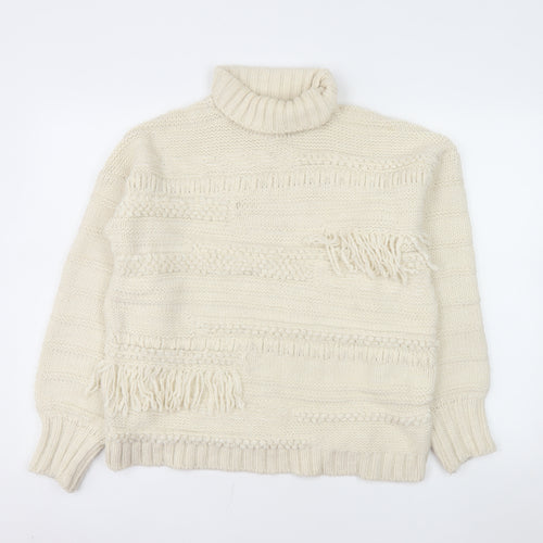 ASOS Design Women Ivory Roll Neck Knit Fringe Jumper Size 10