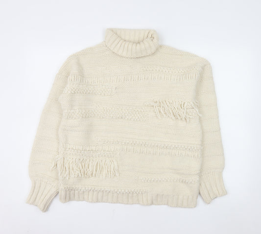 ASOS Design Women Ivory Roll Neck Knit Fringe Jumper Size 10
