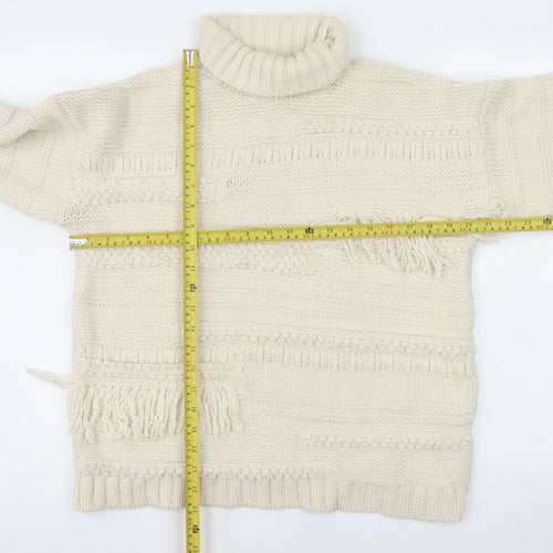 ASOS Design Women Ivory Roll Neck Knit Fringe Jumper Size 10
