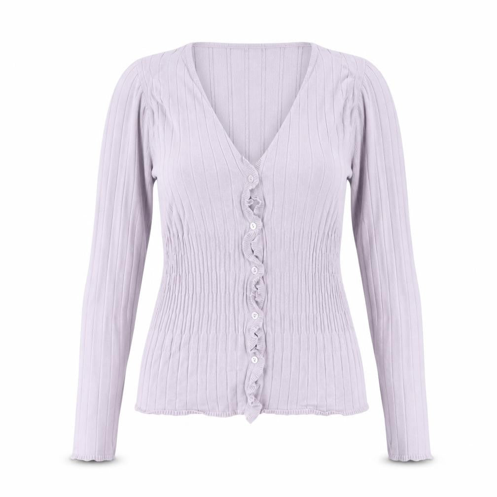 Front view of Principles Women Purple Long Sleeve Ruffle Knit Blouse, size 12