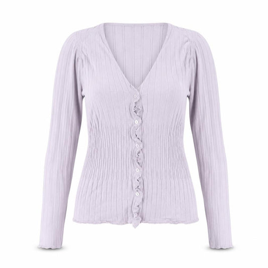 Front view of Principles Women Purple Long Sleeve Ruffle Knit Blouse, size 12