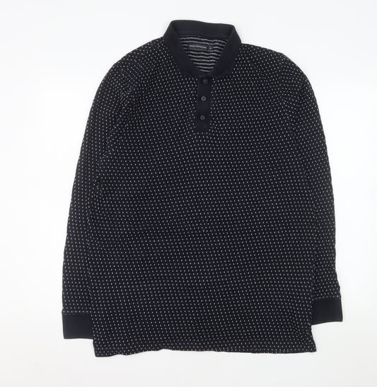 French Connection Men's Black Geometric Long Sleeve Polo Shirt XL