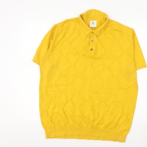 Next Men's Yellow Diamond Knit Cotton Polo Shirt Size L