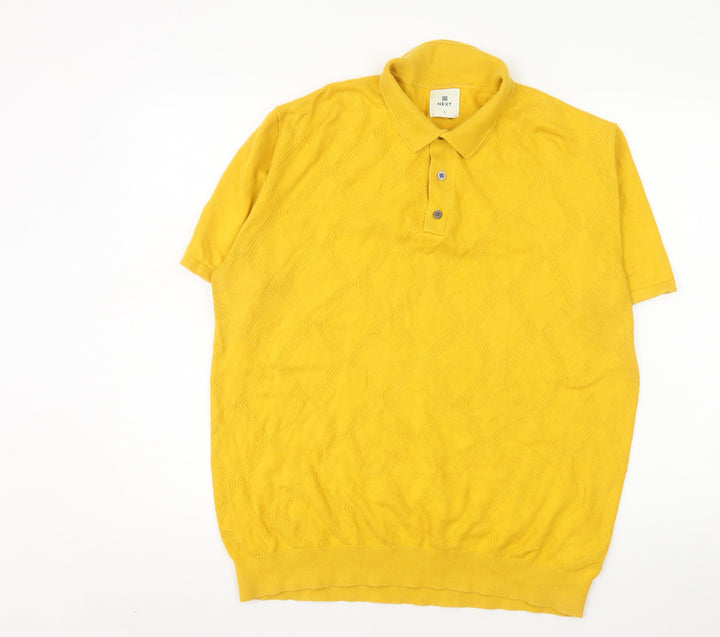 Next Men's Yellow Diamond Knit Cotton Polo Shirt Size L