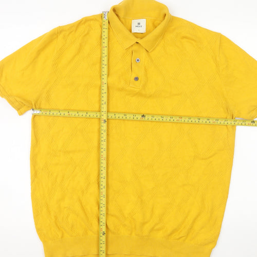 Next Men's Yellow Diamond Knit Cotton Polo Shirt Size L