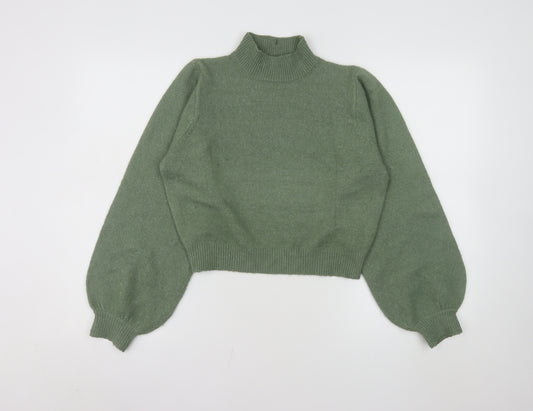 Pieces Women's Green Mock Neck Puff Sleeve Knit Jumper XS