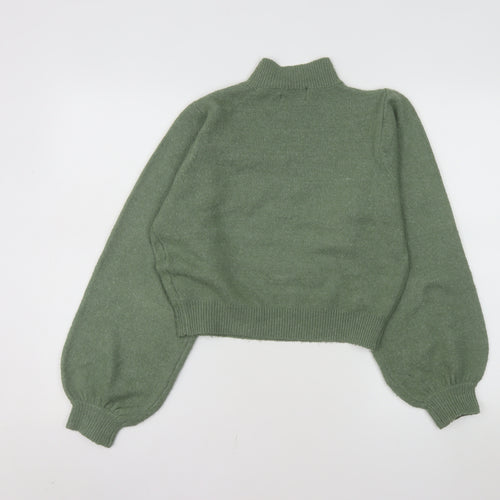 Pieces Women's Green Mock Neck Puff Sleeve Knit Jumper XS