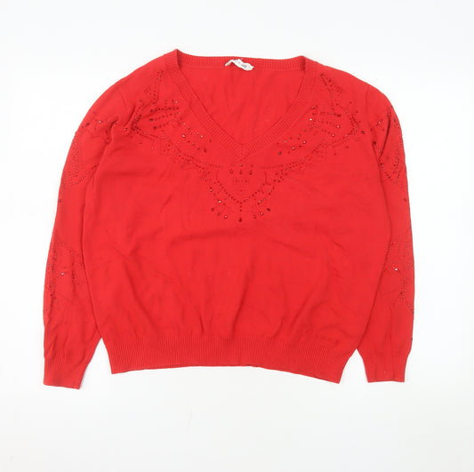 Desigual Women Red V-Neck Beaded Long Sleeve Cotton Jumper Size S