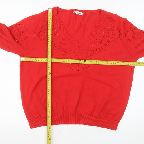 Desigual Women Red V-Neck Beaded Long Sleeve Cotton Jumper Size S