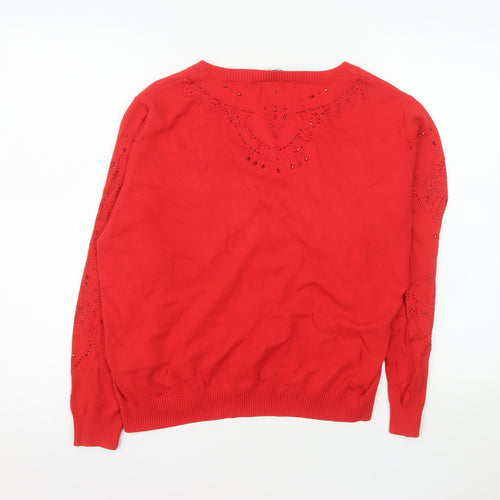 Desigual Women Red V-Neck Beaded Long Sleeve Cotton Jumper Size S