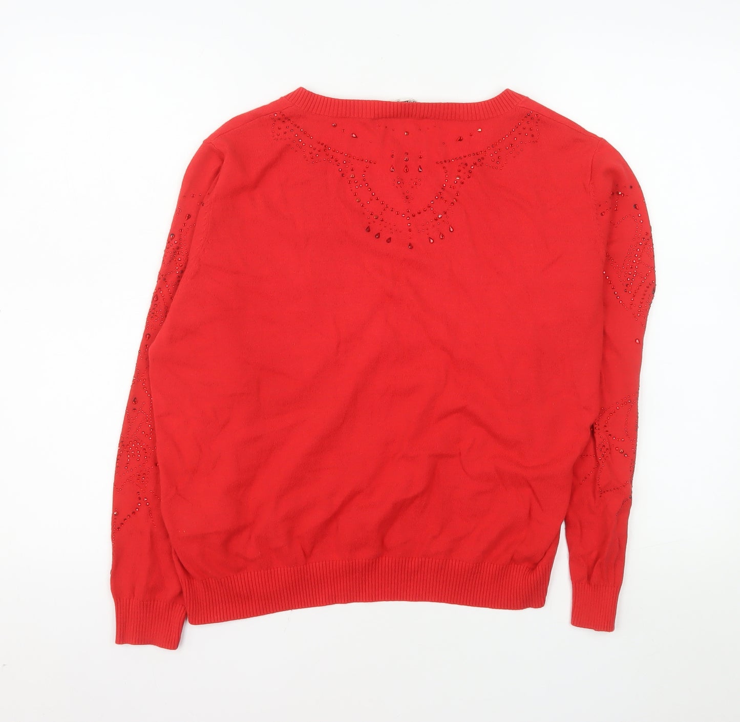 Desigual Women Red V-Neck Beaded Long Sleeve Cotton Jumper Size S