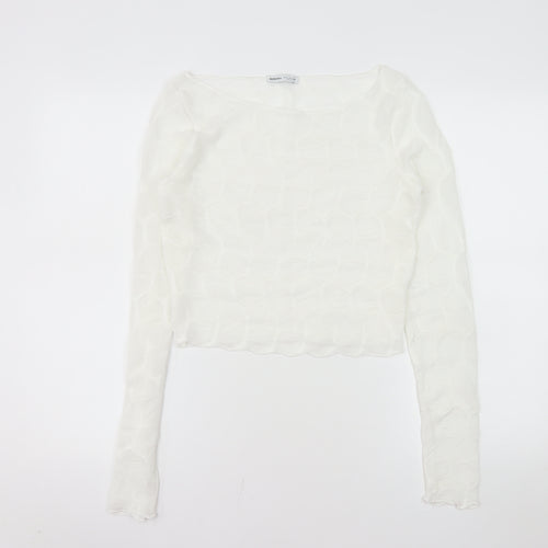 Bershka Women’s White Cropped Long Sleeve Slim Fit Top Size 12