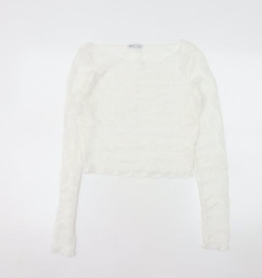Bershka Women’s White Cropped Long Sleeve Slim Fit Top Size 12