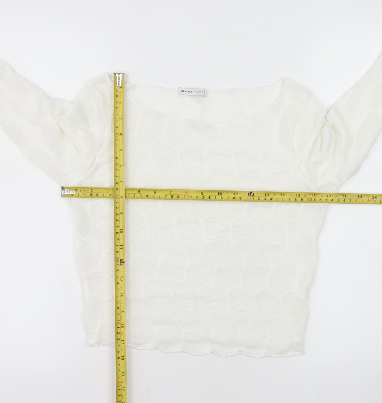Bershka Women’s White Cropped Long Sleeve Slim Fit Top Size 12