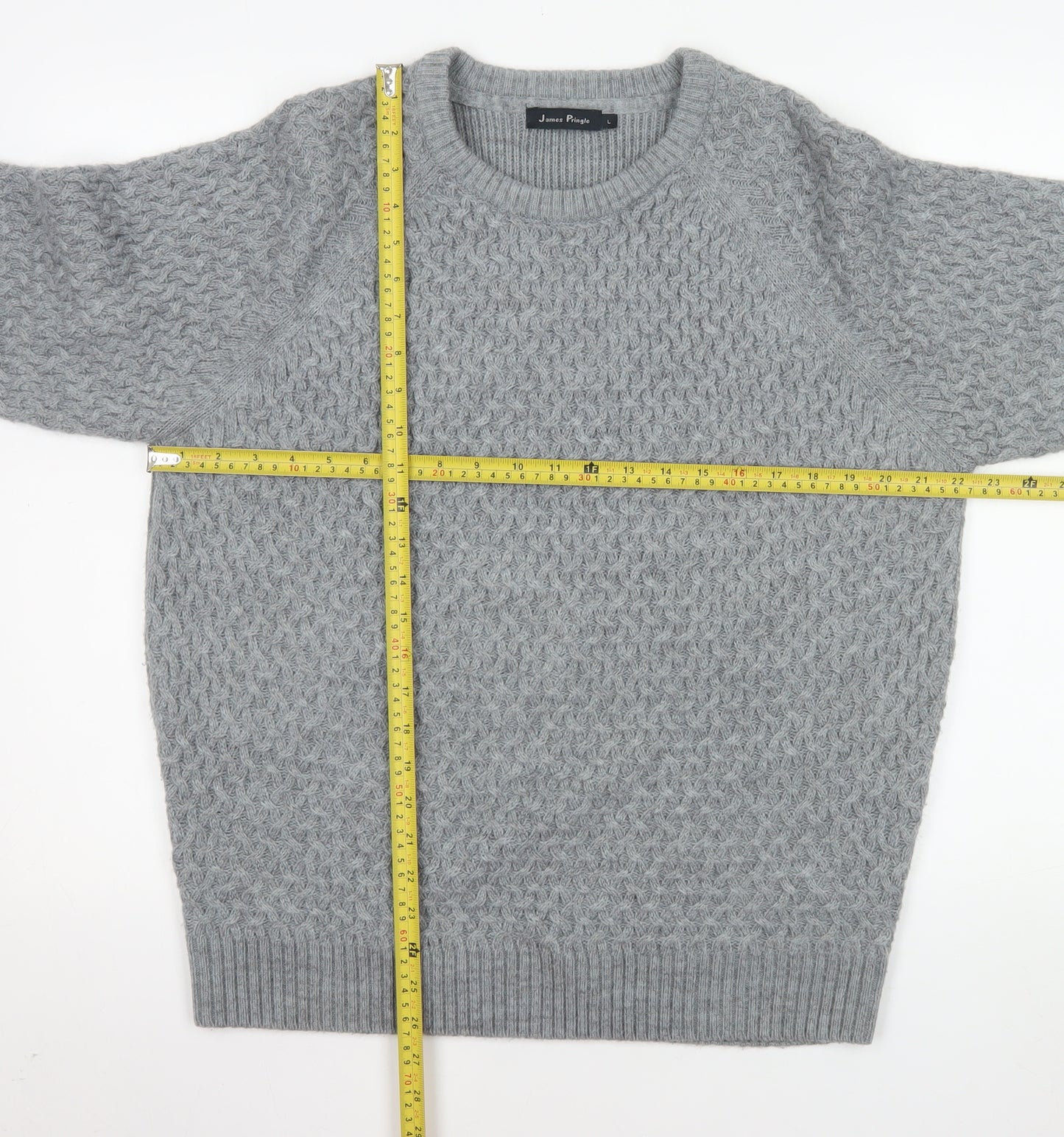 James Pringle Men's Grey Cable-Knit Wool Blend Pullover Jumper L