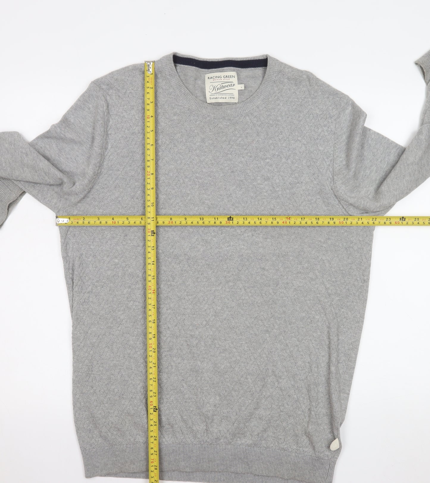 Racing Green Men's Grey Cotton Knit Crew Neck Sweatshirt L