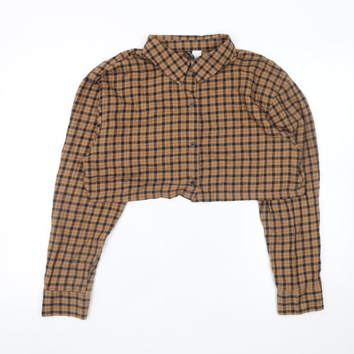 H&M Divided Women Brown Check Cropped Cotton Button-Up Shirt Size 12