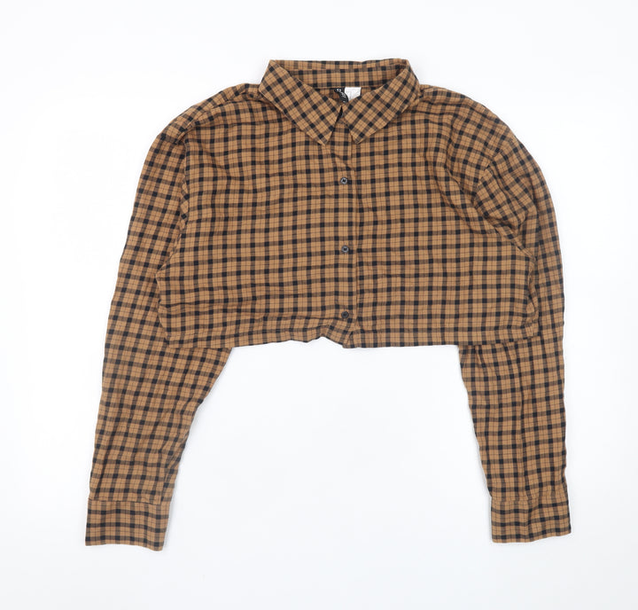 H&M Divided Women Brown Check Cropped Cotton Button-Up Shirt Size 12