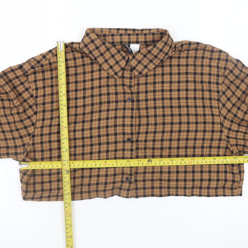 H&M Divided Women Brown Check Cropped Cotton Button-Up Shirt Size 12