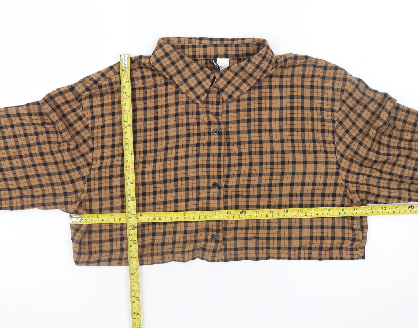 H&M Divided Women Brown Check Cropped Cotton Button-Up Shirt Size 12